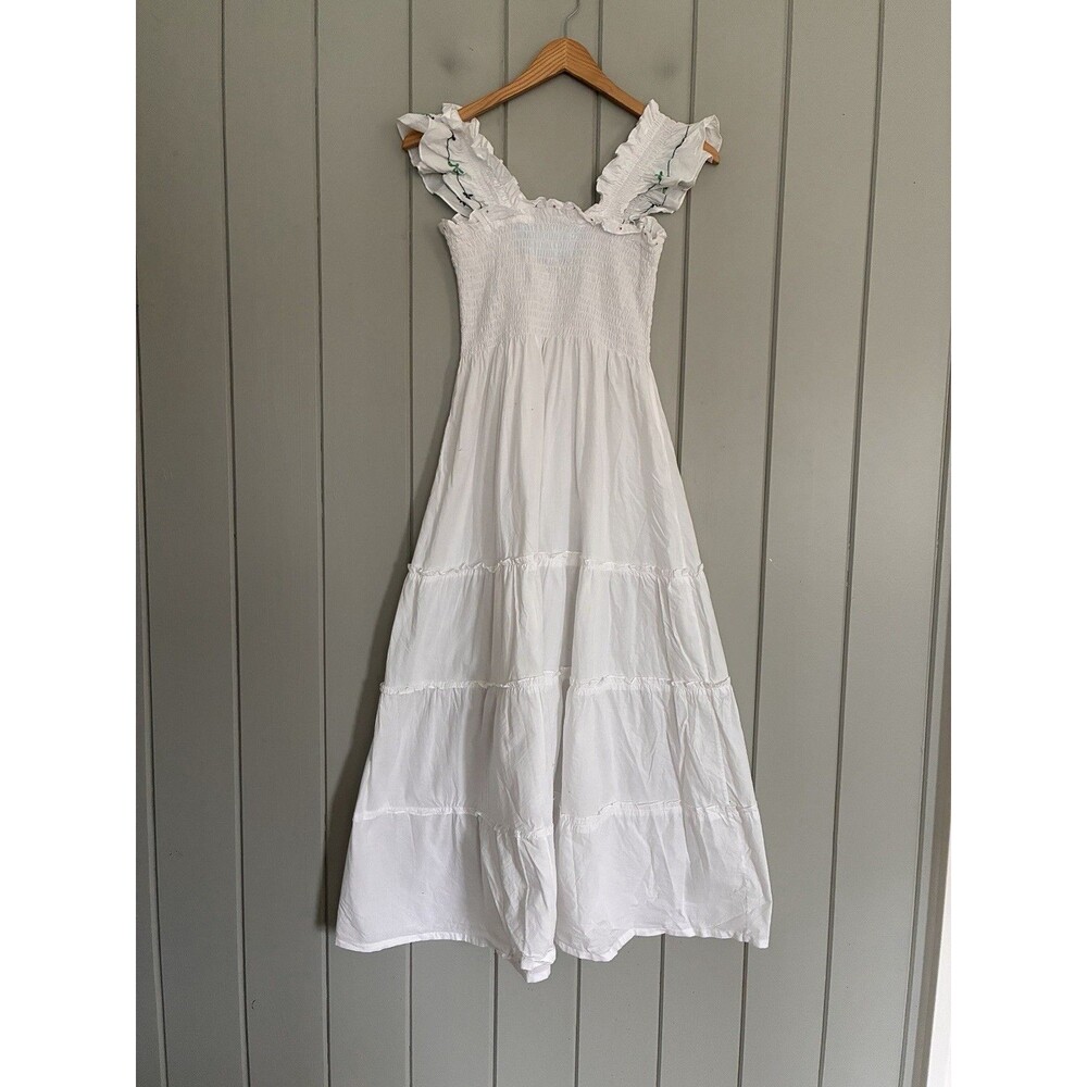 Hill House Home Ellie Nap Dress XS White Embroidery Midi Cotton Smocked Bodice